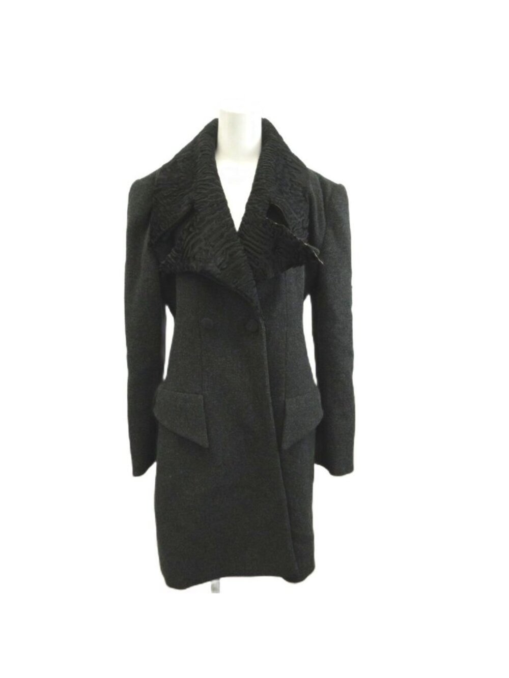 Fendi Lapel Contrast Long Coat Sheep Leather 40 Gray Black Double Breasted
